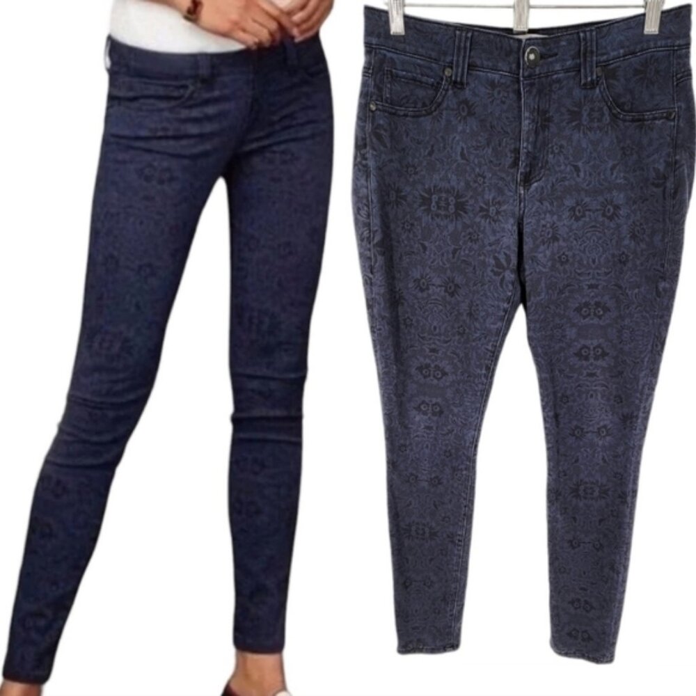 Cabi Jeans Blue Black Lace Pattern Curvy Skinny Stretch Denim Jeans 14 #3196